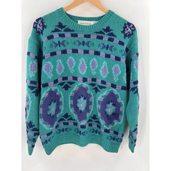 Robert Scott Ltd Women's Pullover Knit Sweater Blue Paisley MEDIUM Hand Knitted - Picture 8 of 15